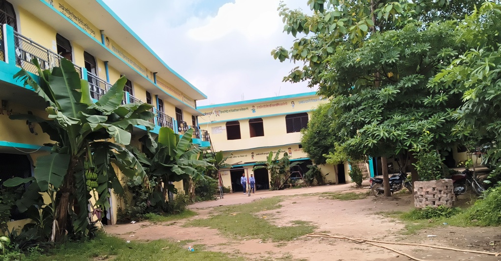Modern school campus, aerial view
